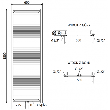 Håndkletørker Mars 1800 x 600 mm, 900 W, Sort, Premium