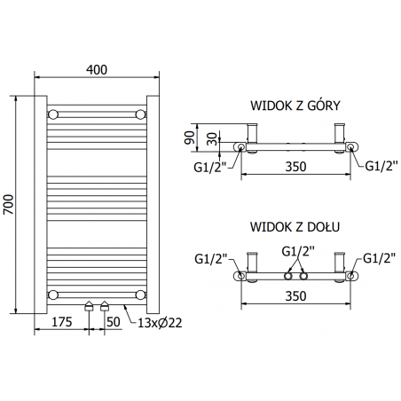 Håndkletørker Mars 700 x 400 mm, 300 W, Krom