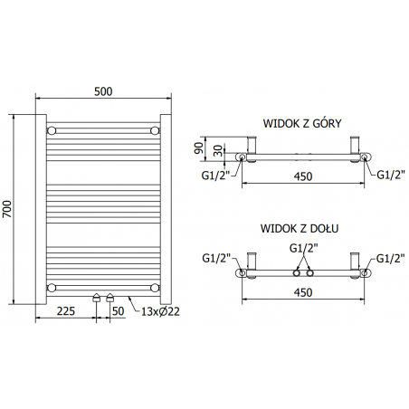 Håndkletørker Mars 700 x 500 mm, 300 W, Sort, Premium