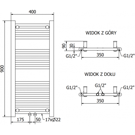 Håndkletørker Mars 900 x 400 mm, 300 W, Sort, Premium