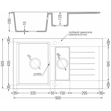 Matias Kjøkkenvask 1 1/2 Kum Med Avrenning 900 x 505 mm, Grå, Vannlås Svart - 6502901505-71-B