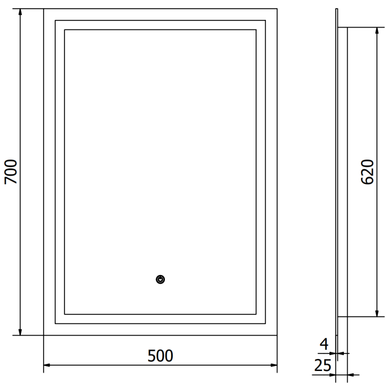 Speil med lys teknisk strekillustrasjon av Mexen Miko 50 x 70 cm med mål og dimensjoner angitt.