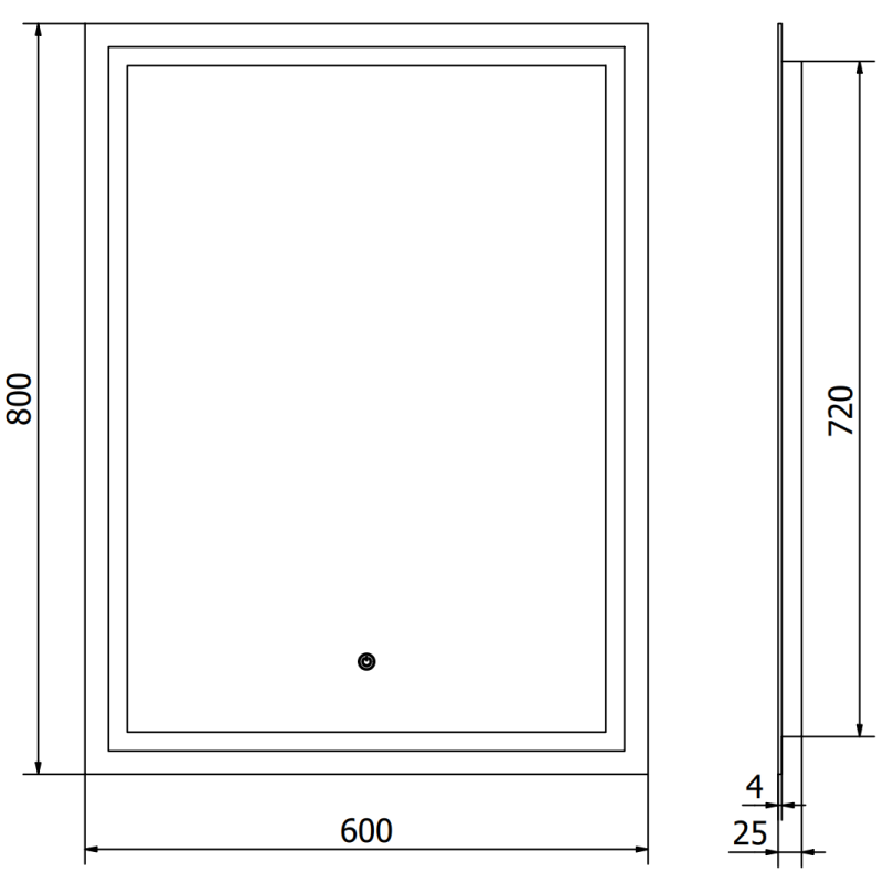 Speil med lys teknisk strekillustrasjon av rektangulært LED-speil 60 x 80 cm med mål og dybdeangivelser.