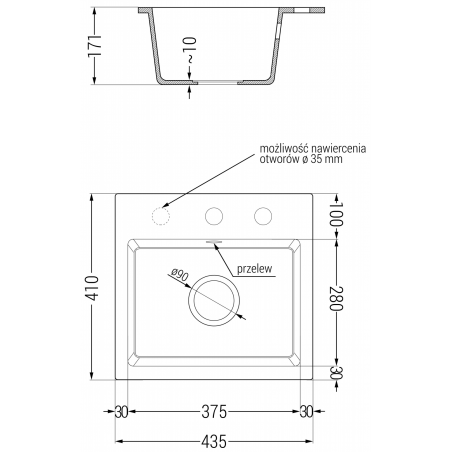 Milo Kjøkkenvask 1 Kum 435 x 410 mm, Hvit, Vannlås Svart - 6505441000-20-B