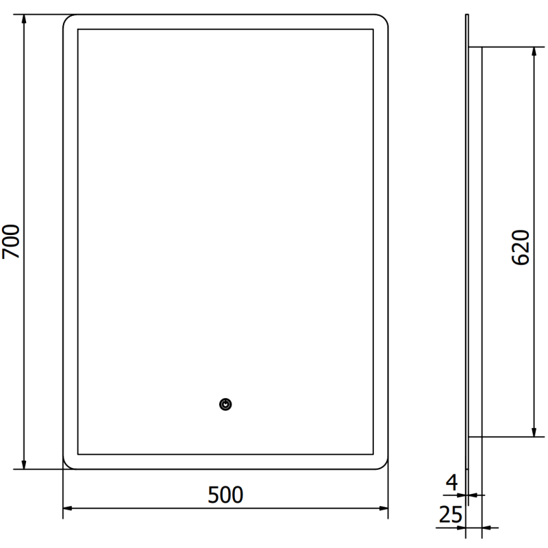 Speil med lys teknisk tegning av rektangulært LED-speil 50 x 70 cm med mål og dybdeangivelse.