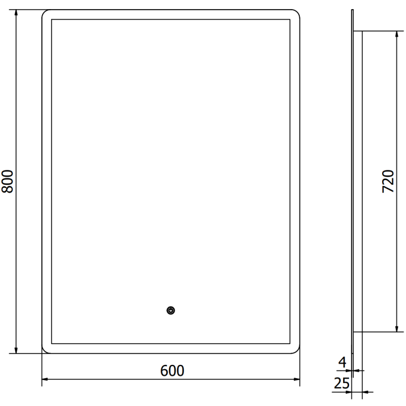 Speil med lys teknisk strekningstegning av Mexen Navia speil 60 x 80 cm med mål og dybde 25 mm.