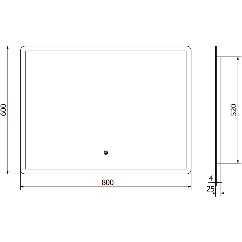 Speil med lys teknisk tegning av rektangulært LED-speil 80x60 cm med mål og midtstilt avløp.