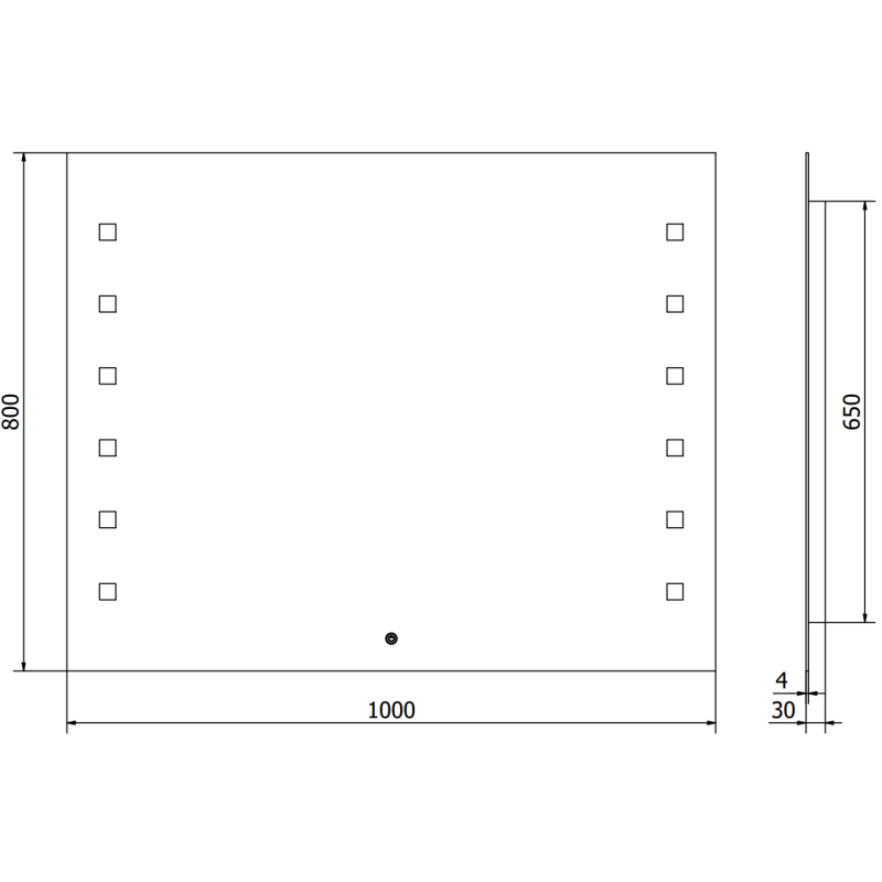 Speil med lys teknisk tegning av rektangulært LED-speil 100x80 cm med mål og hullplassering.