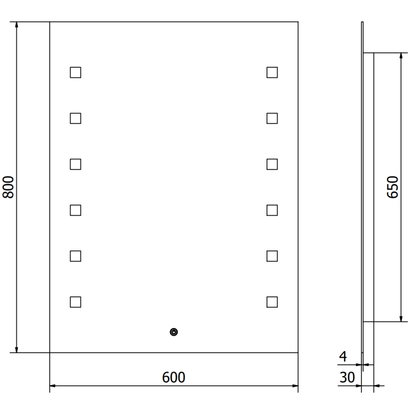 Speil med lys teknisk tegning av rektangulært LED-speil 60 x 80 cm med mål og utsparinger.