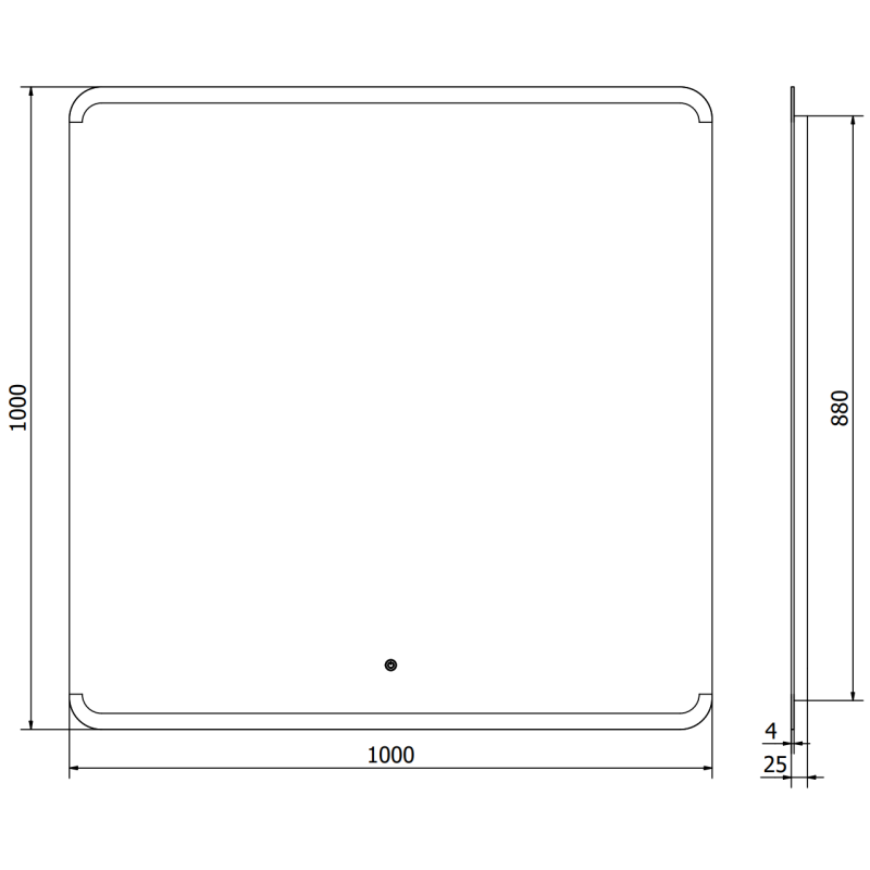 Speil med lys teknisk tegning av firkantet LED-speil 100x100 cm med avrundede hjørner og mål.