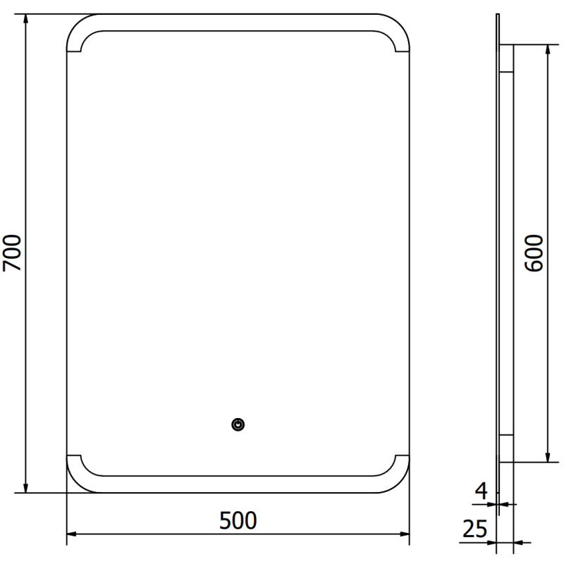 Speil med lys teknisk tegning av rektangulært LED-speil Mexen Nida 50 x 70 cm med mål og dimensjoner.