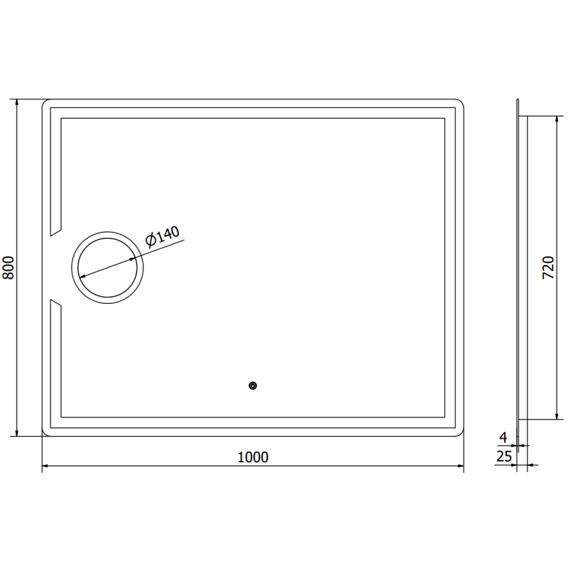 Speil med lys teknisk strekillustrasjon av rektangulært LED-speil 100 x 80 cm med mål og avløpshull.