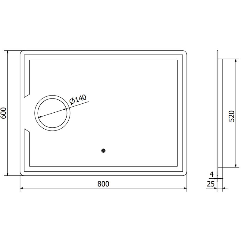 Speil med lys teknisk tegning av rektangulært speil 80 x 60 cm med 140 mm utskjæring og 25 mm dybde.