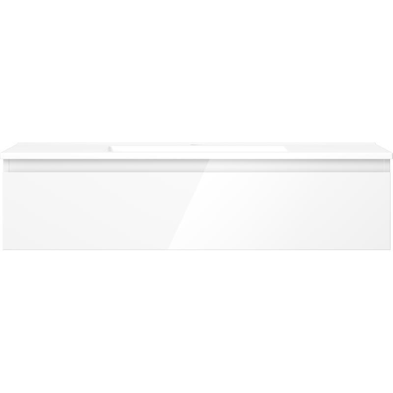Servant med skap i hvit høyglans, rektangulær modell med heldekkende front uten håndtak.