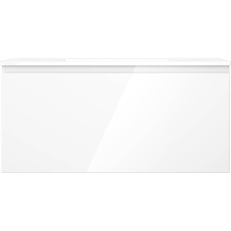 Servant med skap i hvit høyglans, rektangulær front uten synlige håndtak, sett rett forfra.