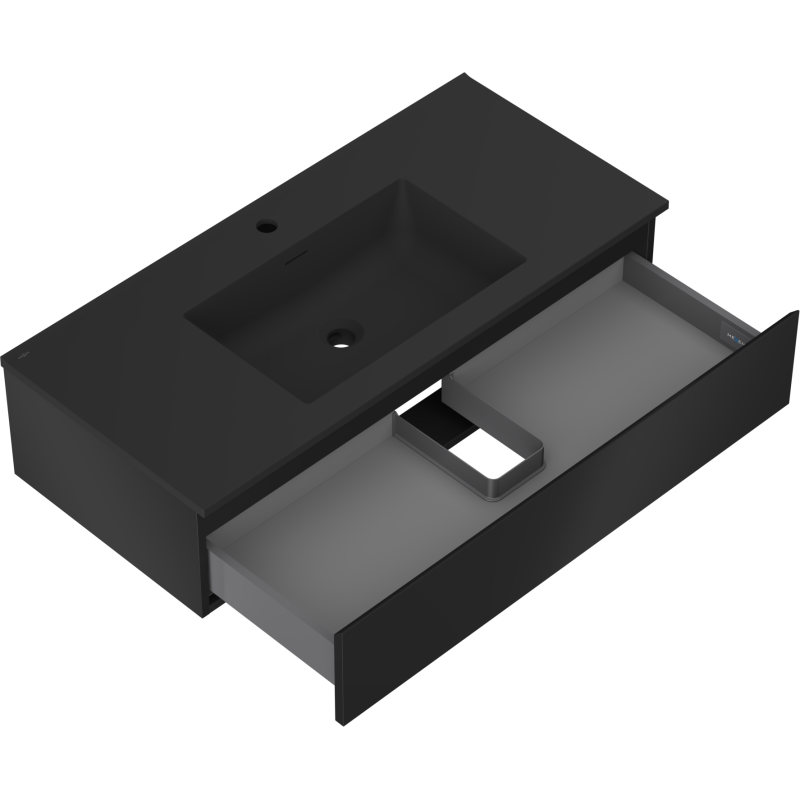 Baderomsskap med vask 100 cm Mexen Orio/Otis i svart matt, åpen skuff og integrert servant.