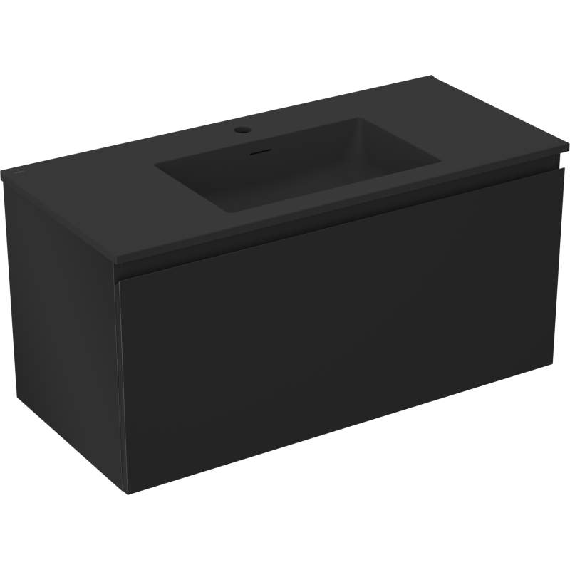 Servantskap med vask 100 cm svart matt Mexen Orio med én skuff og integrert servant, sett forfra.