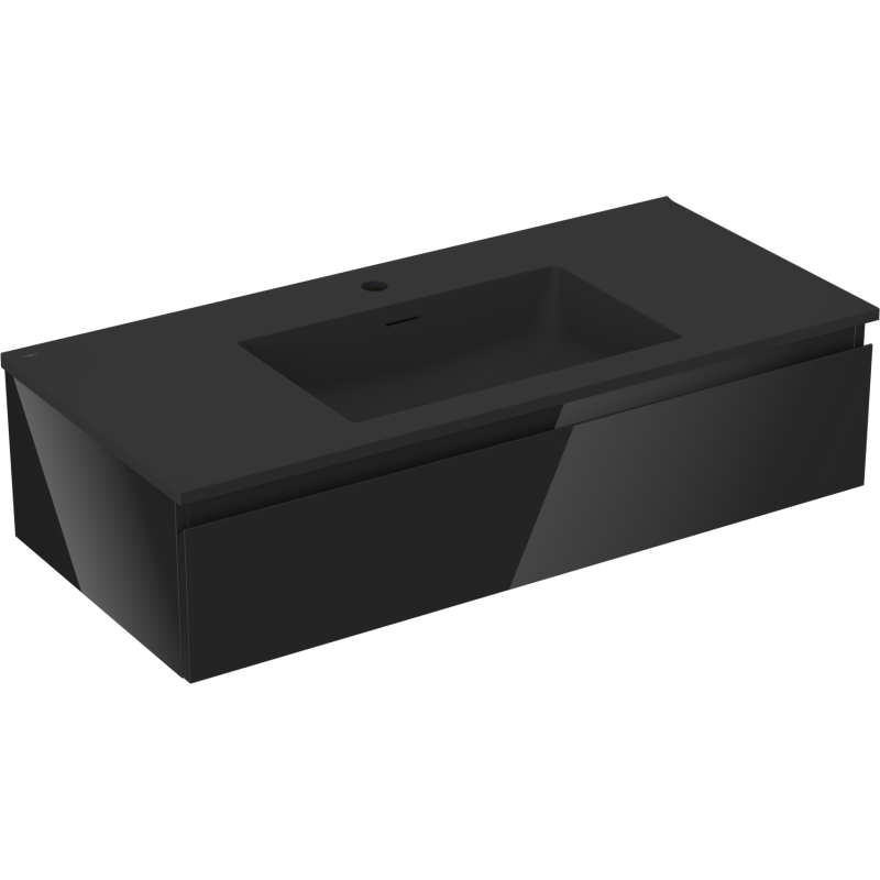 Servantskap med vask 100 cm svart, matt overflate og rektangulær integrert vask, sett fra skrå vinkel.
