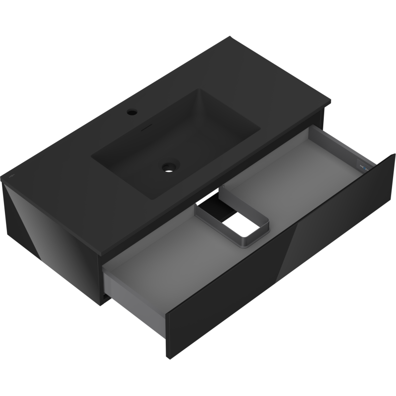 Baderomsskap med vask 100 cm svart Mexen Orio/Otis, åpen skuff sett fra skrå vinkel ovenfra.