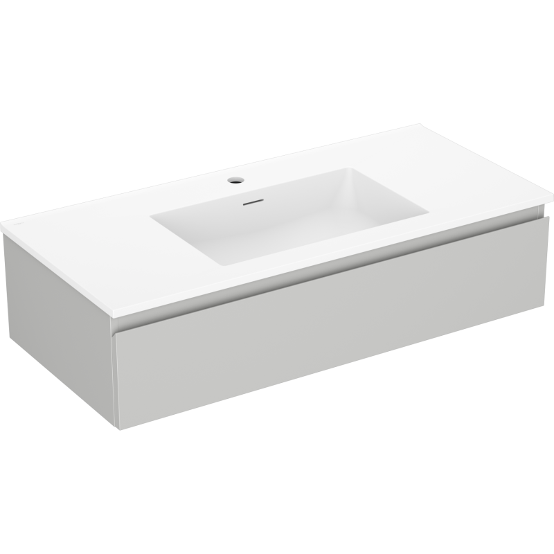 Servantskap med vask 100 cm i grå matt og bøhvit med stor skuff, sett fra skrå vinkel.