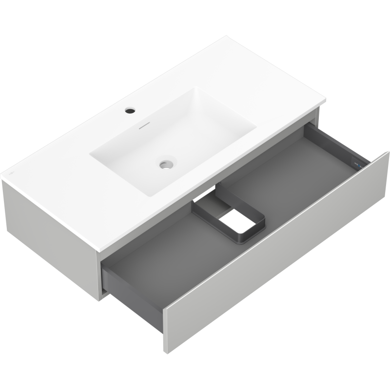 Baderomsskap med vask Mexen Orio 100 cm, skuff trukket ut, viser rominndeling og rørføring.