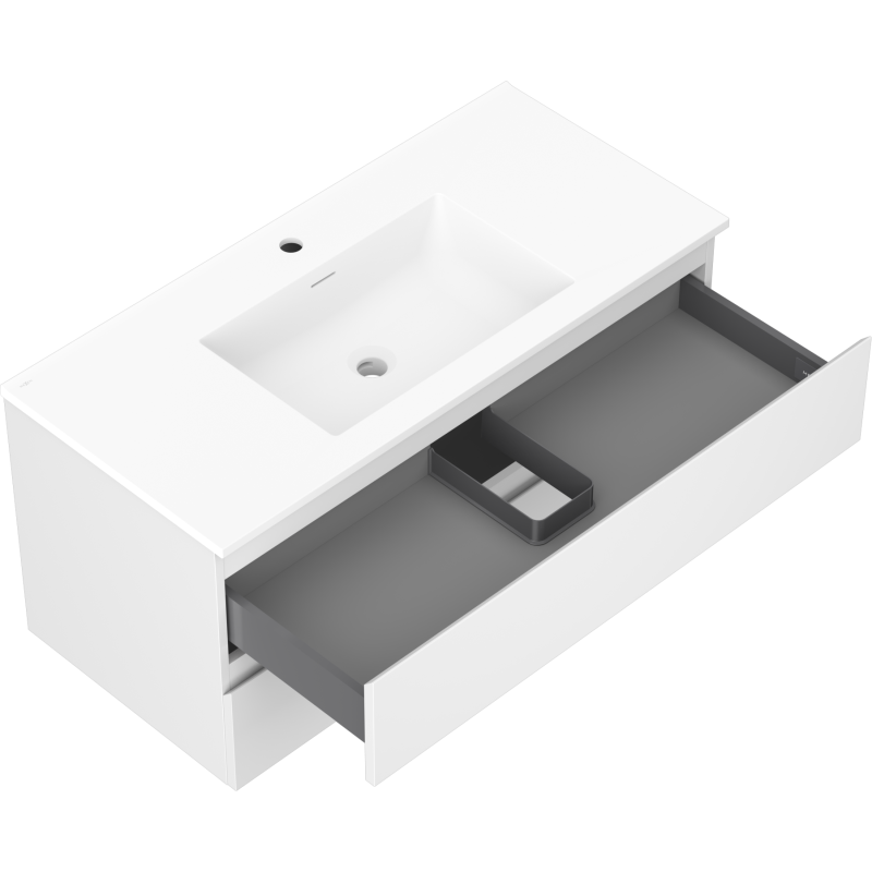 Baderomsskap med vask 100 cm hvit matt, åpen skuff med grått inndelingssystem sett skrått ovenfra.