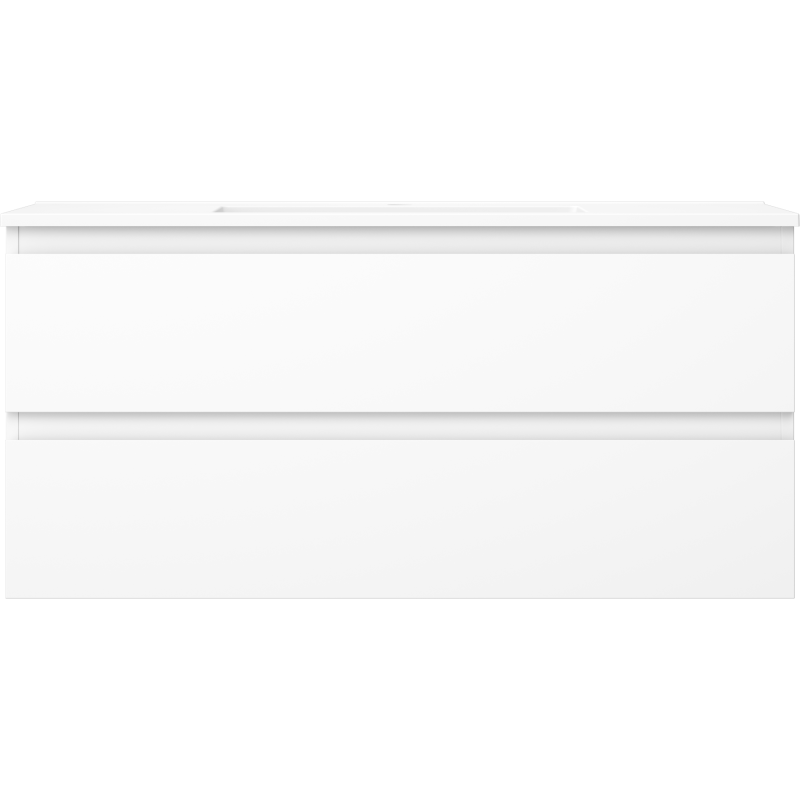 Servant med skap i hvit matt finish med to skuffer og minimalistisk design, sett rett forfra.