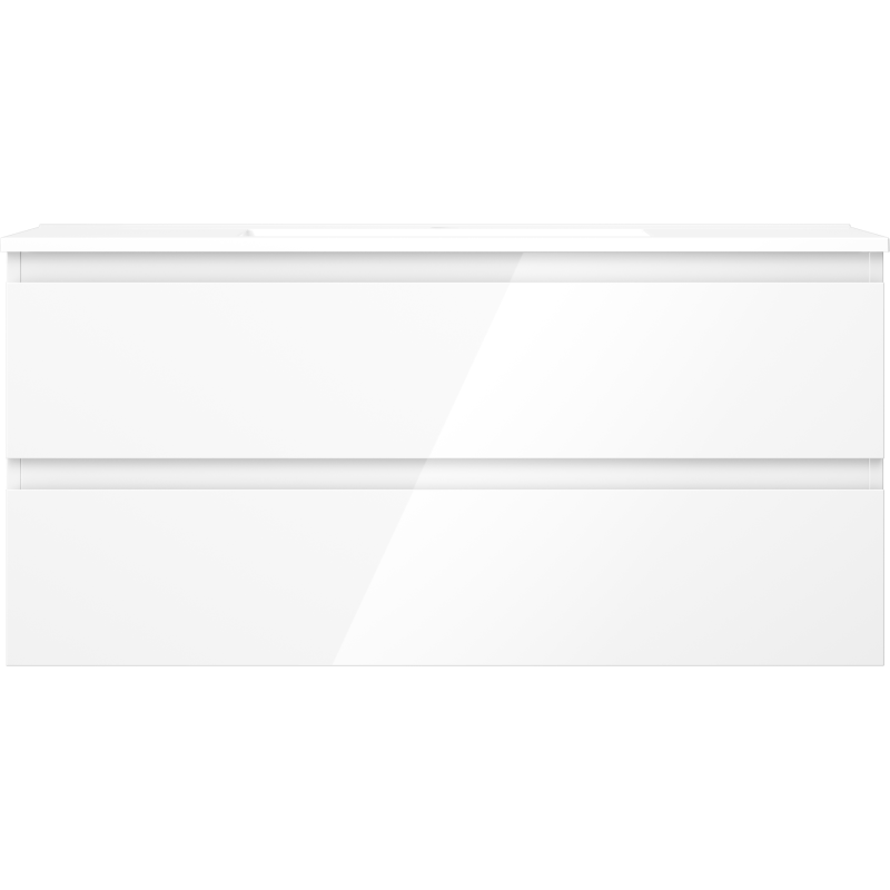 Servant med skap i hvit høyglans, to brede skuffer uten synlige håndtak, sett forfra.