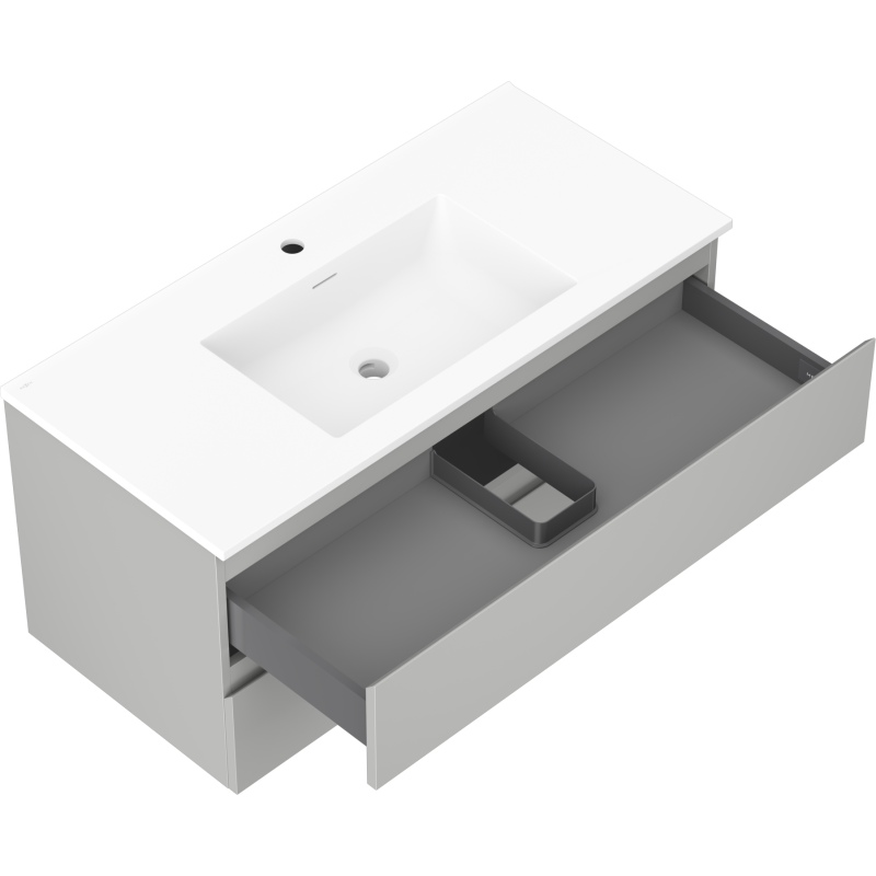 Baderomsskap med vask Mexen Orio 100 cm, hvit porselenskum og åpen grå skuff med inndeling.
