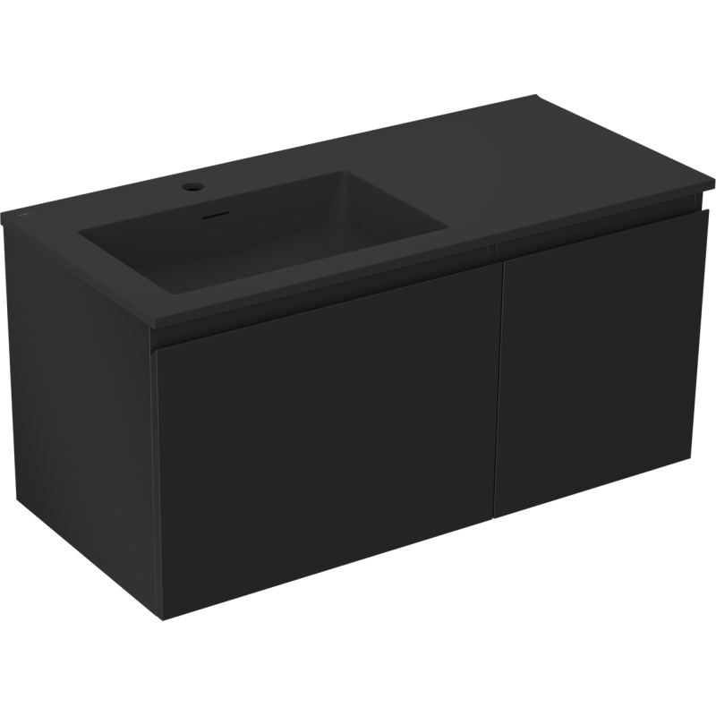 Servantskap med vask 100 cm svart matt Mexen Orio Otis med integrert servant og to skuffer, skrå forside.