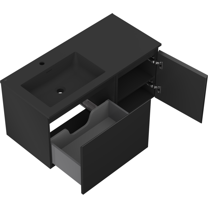 Baderomsskap med vask 100 cm svart matt Mexen Orio Otis med åpen skuff og skapdør, sett skrått ovenfra.