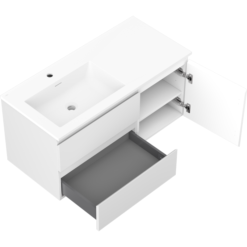 Baderomsskap med servant 100 cm hvit matt Mexen Orio Otis med åpen skuff og skapdør.