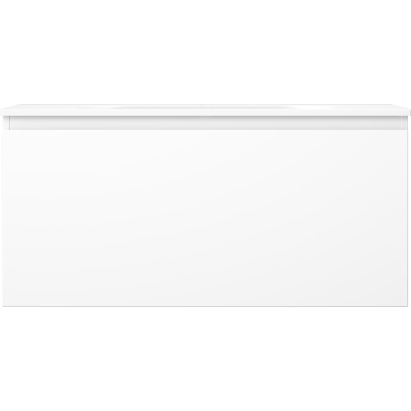 Servant med skap i hvit matt finish og moderne design uten synlige håndtak.