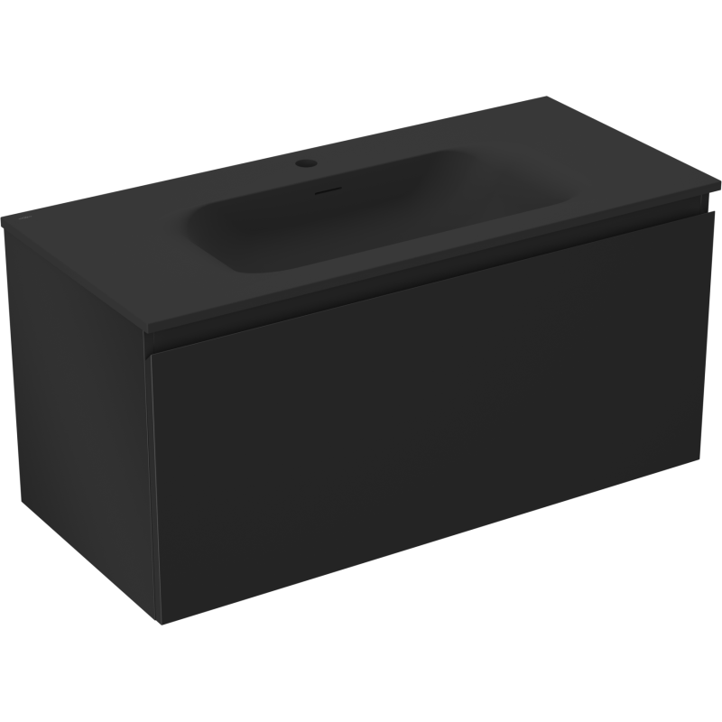 Servantskap med vask 100 cm svart matt, rektangulær form og integrert vask, sett skrått forfra.