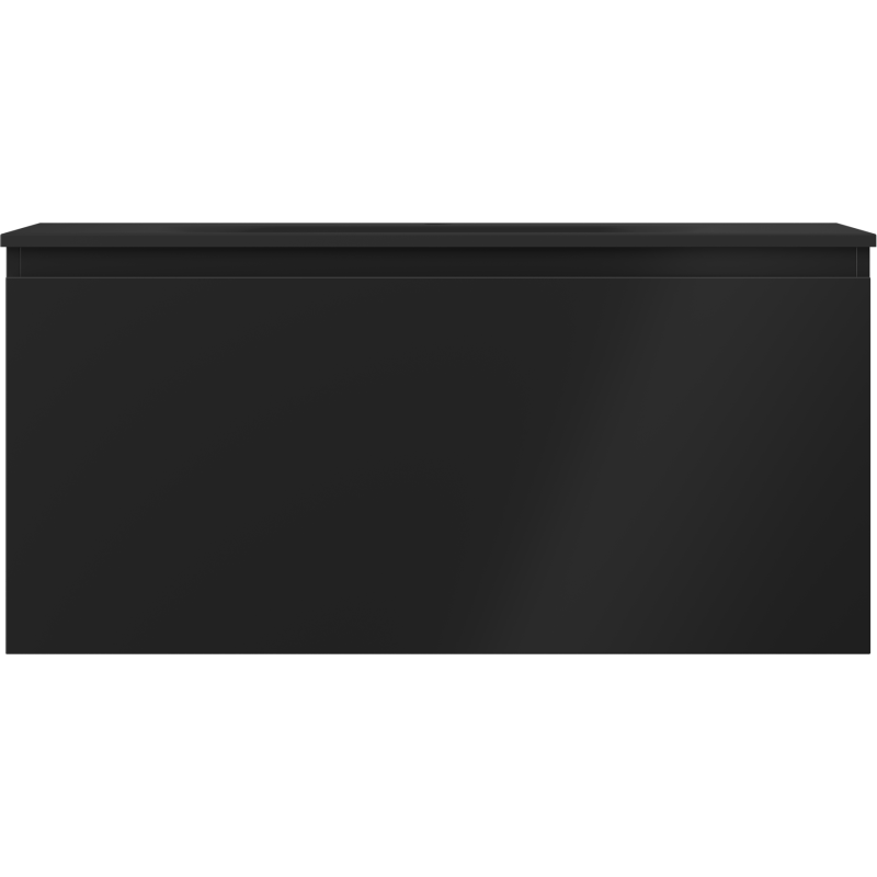 Servant med skap i svart matt finish, rektangulært design uten synlige håndtak, sett forfra.
