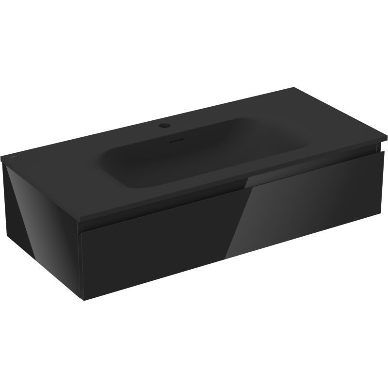 Servantskap med vask 100 cm svart Mexen Orio med matt overflate og én skuff, sett skrått forfra.