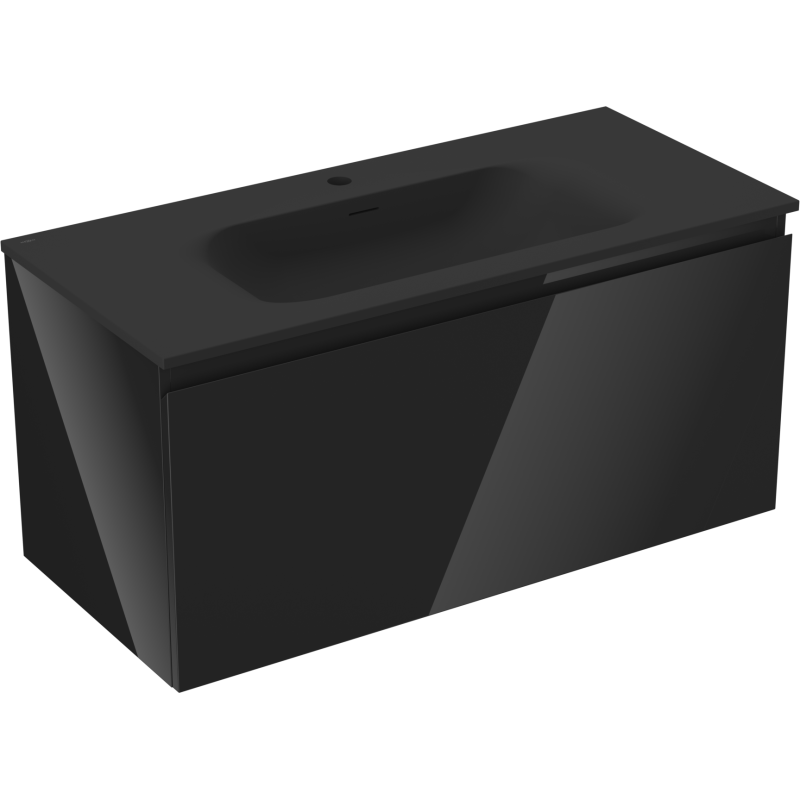 Servantskap med vask 100 cm svart høyglans/matt Mexen Orio med rektangulær vask, sett fra skrå vinkel.