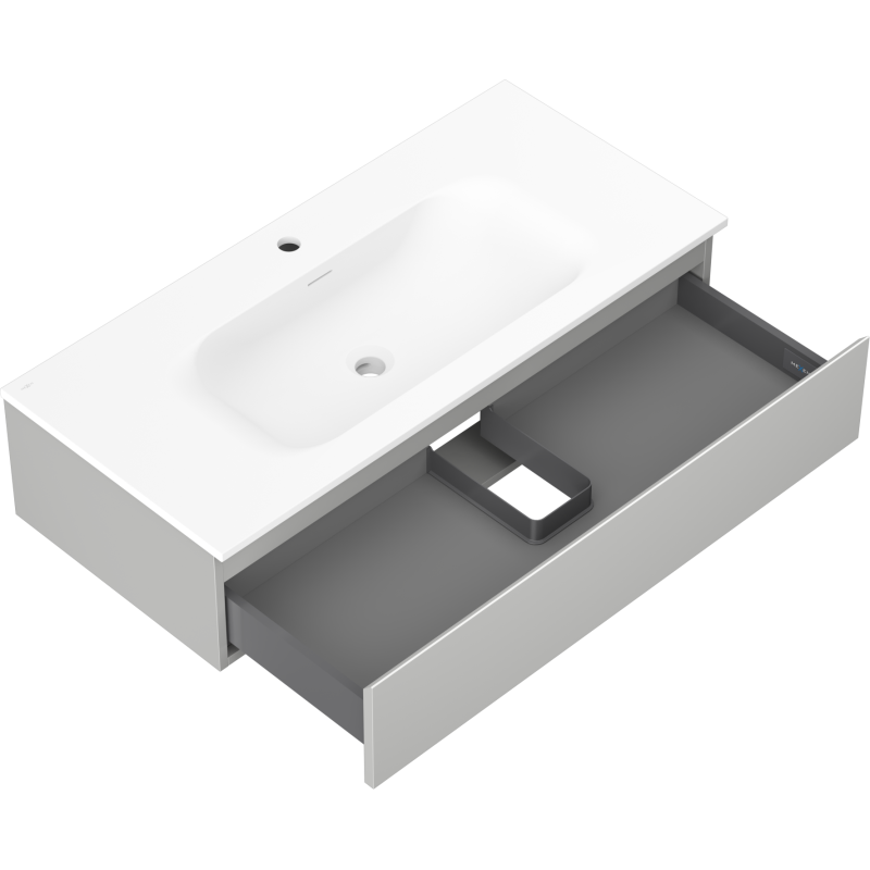 Baderomsskap med vask Orio 100 cm i grå og hvit matt, åpen skuff med utsparing for avløpsrør.