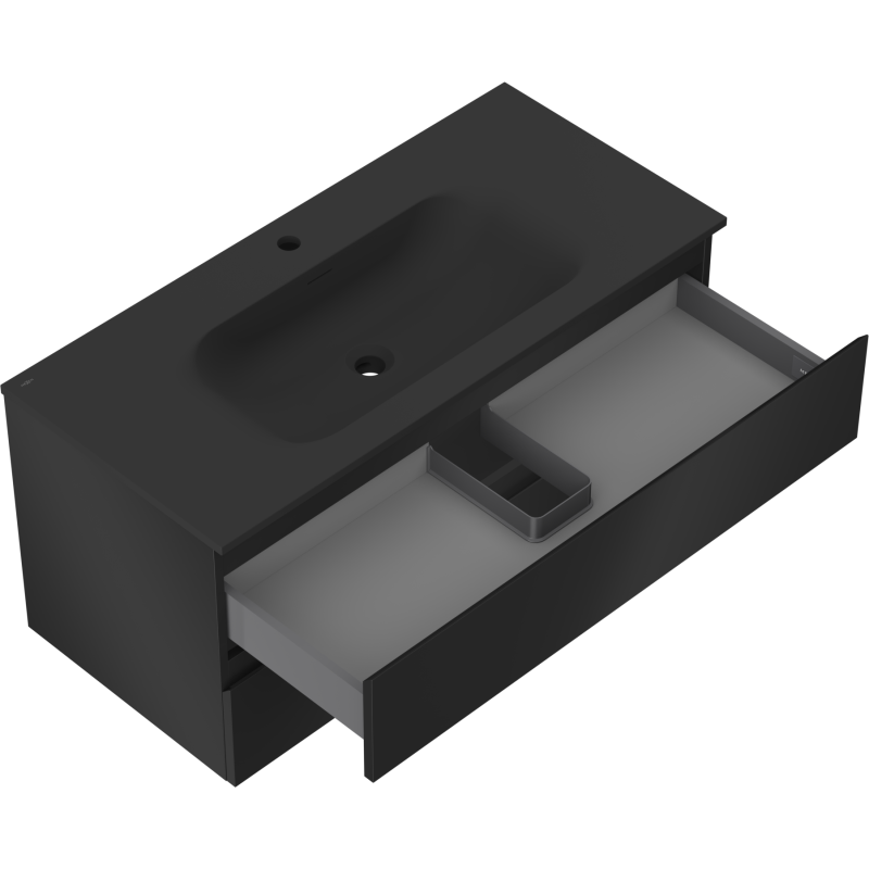 Baderomsskap med vask Mexen Orio 100 cm i svart matt med åpen skuff og integrert servant.