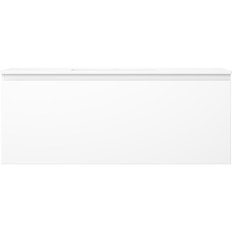 Servant med skap i hvit matt finish, rektangulær og vegghengt med glatt, håndtaksløs front.