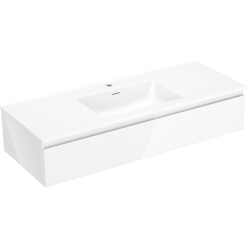 Servantskap med vask 120 cm hvit Mexen Orio, skrå vinkel, integrert skuff og hull til blandebatteri.