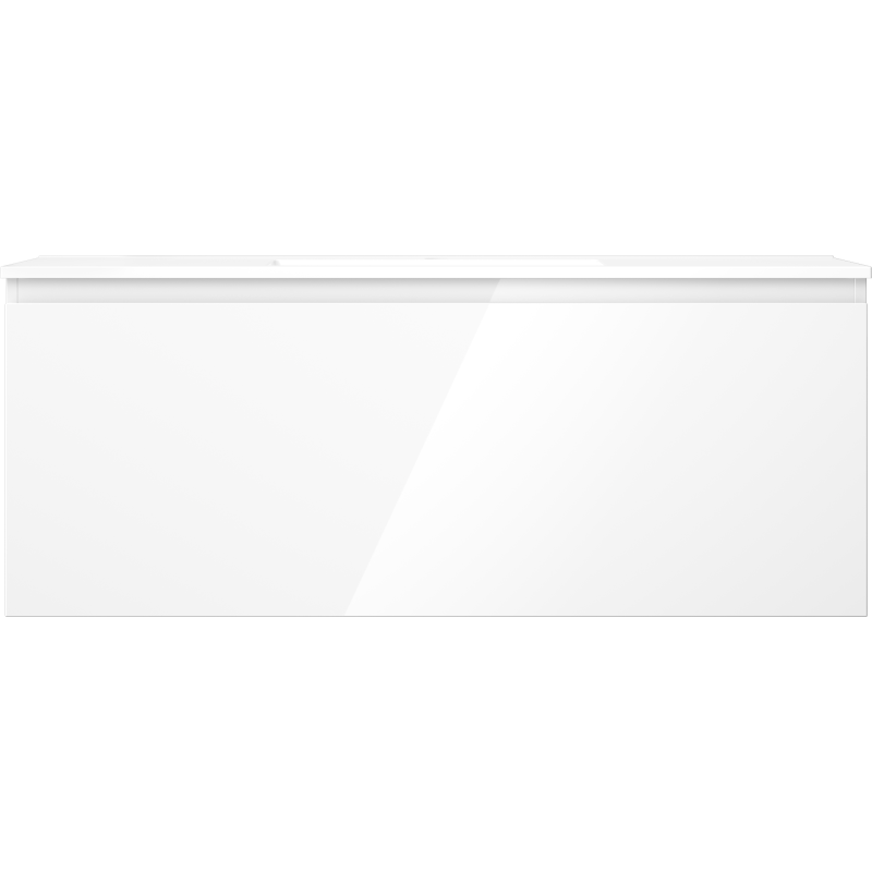 Servant med skap i hvit høyglans, rektangulær front uten synlige håndtak, sett forfra.