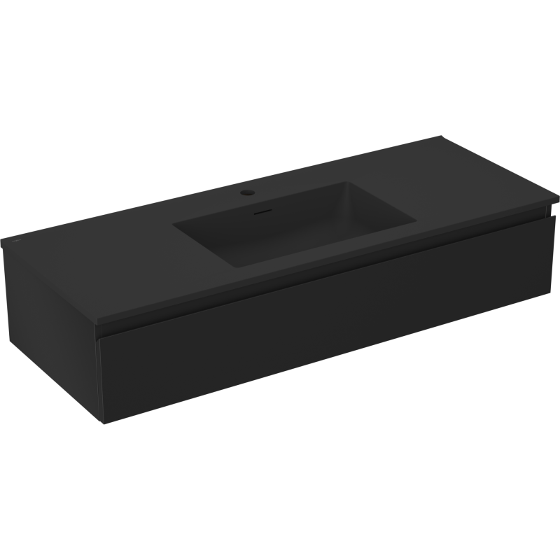 Servantskap med vask 120 cm svart matt, firkantet integrert vask og glatt front, sett fra skrå vinkel.