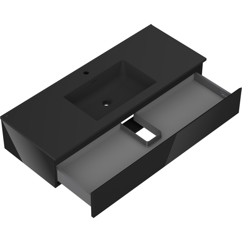 Baderomsskap med vask 120 cm svart Mexen Orio/Otis med åpen skuff og matt overflate.