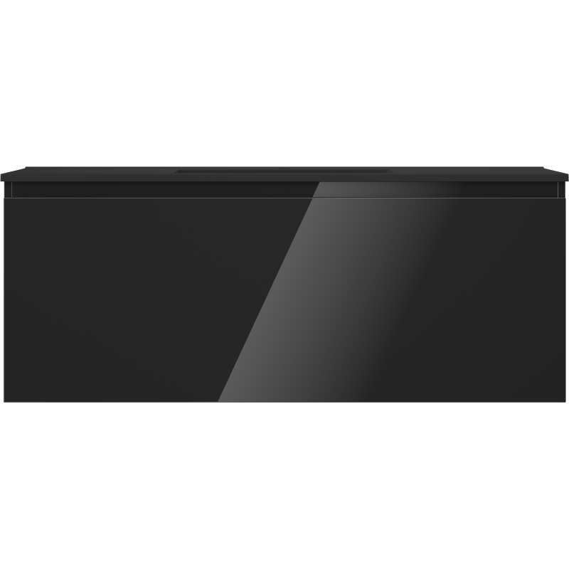 Servant med skap i svart høyglans med én skuff, sett rett forfra med moderne refleksjon.
