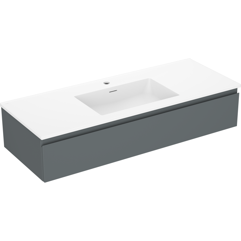 Servantskap med vask 120 cm grafitt og hvit matt, sett fra skrå vinkel med integrert kum.