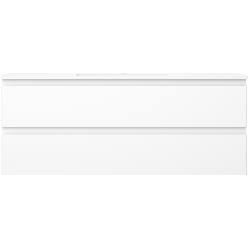 Servant med skap i hvit matt finish med to brede, håndtaksløse skuffer, sett rett forfra.