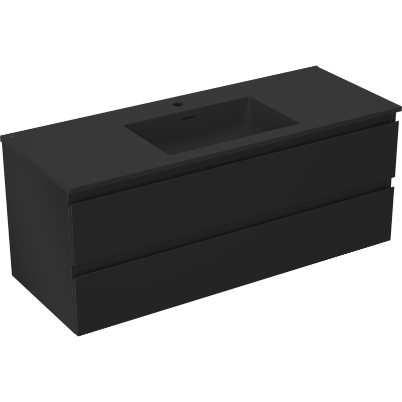 Servantskap med vask 120 cm svart matt med to skuffer, vist fra skrå vinkel mot front og venstre side.
