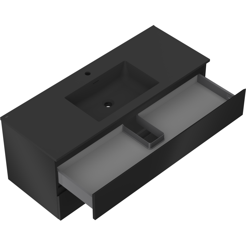 Baderomsskap med vask Mexen Orio 120 cm i svart matt, sett skrått ovenfra med åpen skuff og oppbevaringsinnsats.