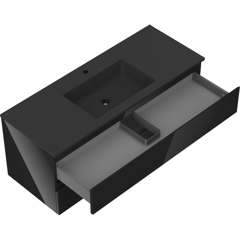 Baderomsskap med vask 120 cm svart Mexen Orio, åpen skuff med grå rominndeling, sett ovenfra.
